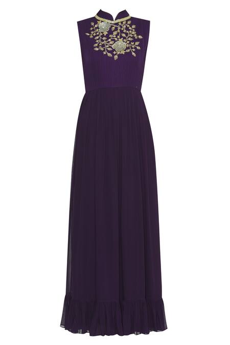 Shop_Aksh_Purple Organza, Georgette Band Collar Embroidered Anarkali Set_Online_at_Aza_Fashions