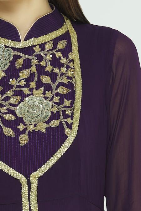 Aksh_Purple Organza, Georgette Band Collar Embroidered Anarkali Set_at_Aza_Fashions
