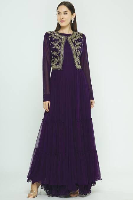 Aksh Purple Georgette Embroidered Jacket Anarkali Set