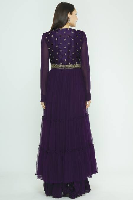 Shop Aksh Purple Georgette Embroidered Jacket Anarkali Set at Aza Fashions Shop_Aksh_Purple Georgette Embroidered Jacket Anarkali Set_at_Aza_Fashions