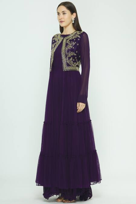 Aksh Purple Georgette Embroidered Jacket Anarkali Set Online at Aza Fashions Aksh_Purple Georgette Embroidered Jacket Anarkali Set_Online_at_Aza_Fashions