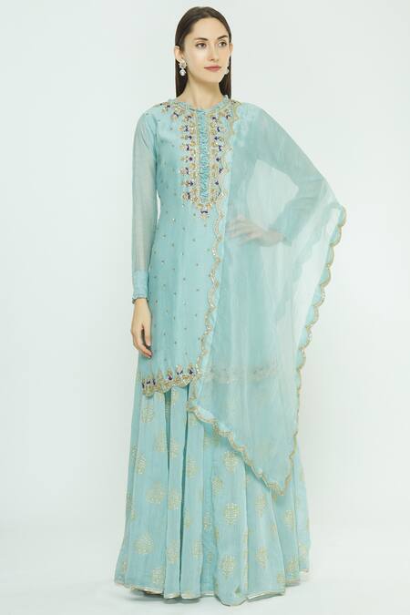 Aksh_Blue Organza, Chanderi Round Kurta Lehenga Set_Online_at_Aza_Fashions