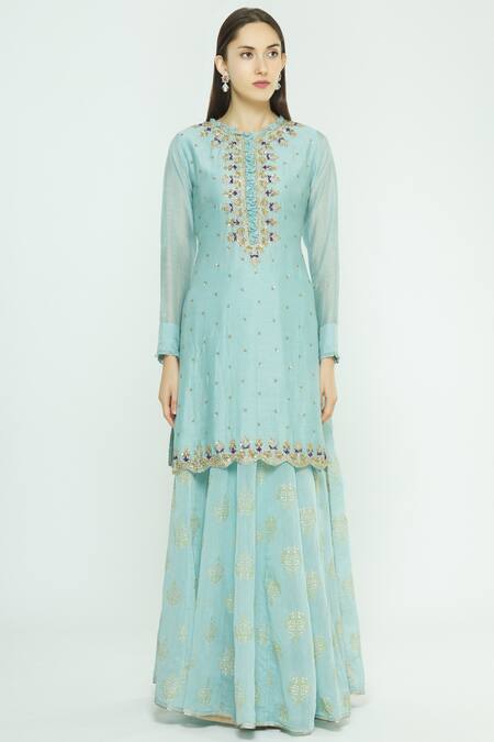Buy_Aksh_Blue Organza, Chanderi Round Kurta Lehenga Set_Online_at_Aza_Fashions