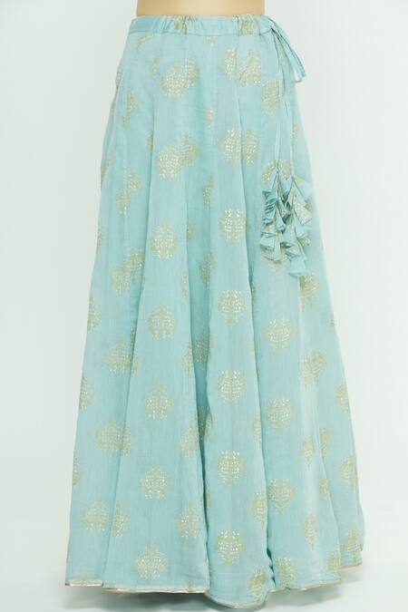 Shop_Aksh_Blue Organza, Chanderi Round Kurta Lehenga Set_Online_at_Aza_Fashions