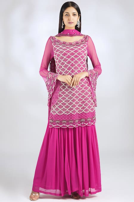 Malasa Pink Georgette Boat Embellished Kurta Sharara Set