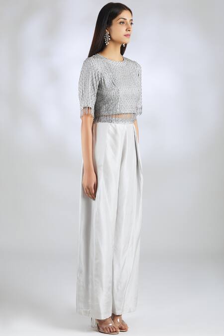 Malasa_Grey Georgette Round Embellished Top Pant Set_Online_at_Aza_Fashions