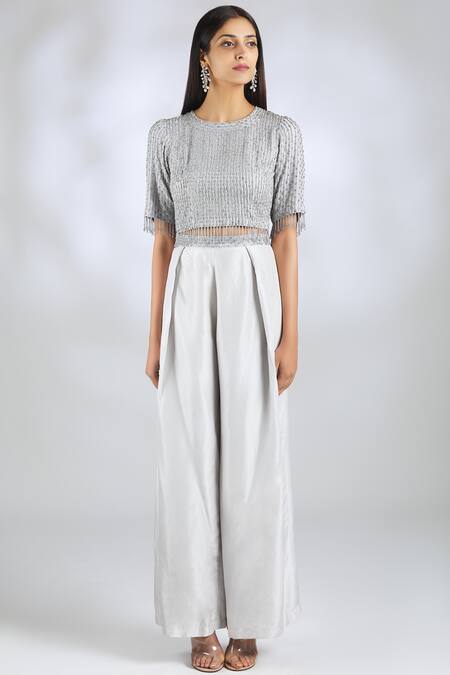 Buy_Malasa_Grey Georgette Round Embellished Top Pant Set_Online_at_Aza_Fashions