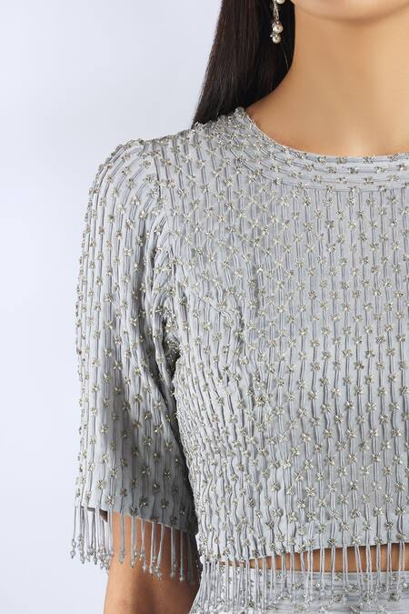 Malasa_Grey Georgette Round Embellished Top Pant Set_at_Aza_Fashions