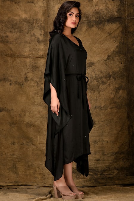 Aariyana Couture Black Modal Satin Leaf Neck Embellished Kaftan Dress