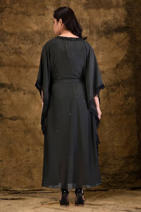 Shop_Ariyana by Aza_Black Cotton Silk V Neck Embroidered Kaftan Dress _at_Aza_Fashions