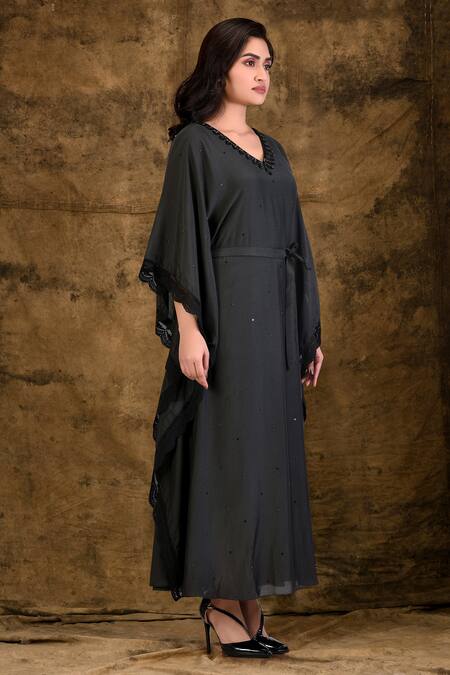 Ariyana by Aza_Black Cotton Silk V Neck Embroidered Kaftan Dress _Online_at_Aza_Fashions