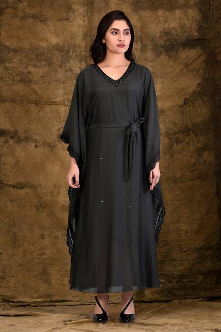 Shop_Ariyana by Aza_Black Cotton Silk V Neck Embroidered Kaftan Dress _Online_at_Aza_Fashions
