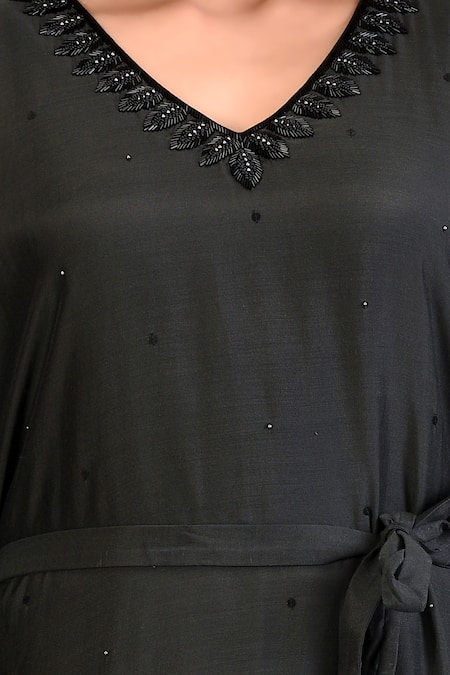 Ariyana by Aza_Black Cotton Silk V Neck Embroidered Kaftan Dress _at_Aza_Fashions