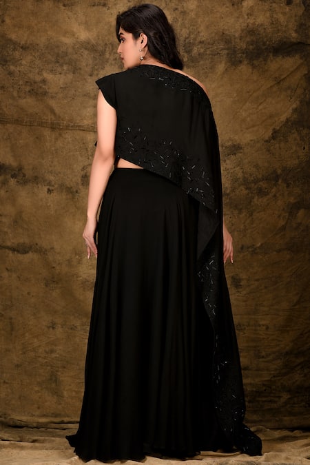 Shop_Ariyana By Aza_Black Modal, Georgette Embroidery Asymmetric Draped Skirt Set _at_Aza_Fashions