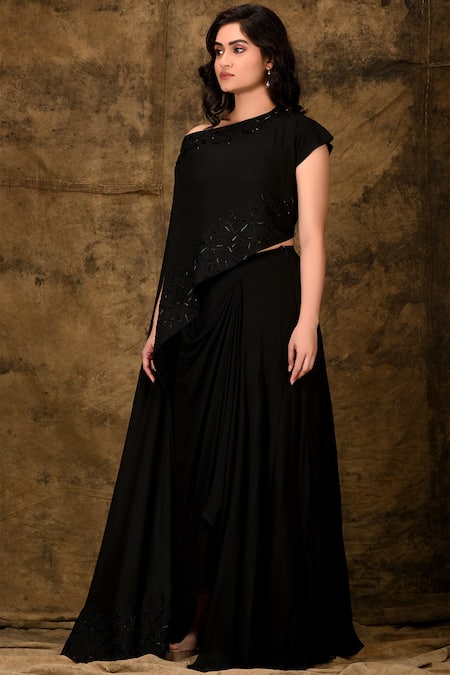 Ariyana By Aza_Black Modal, Georgette Embroidery Asymmetric Draped Skirt Set _Online_at_Aza_Fashions