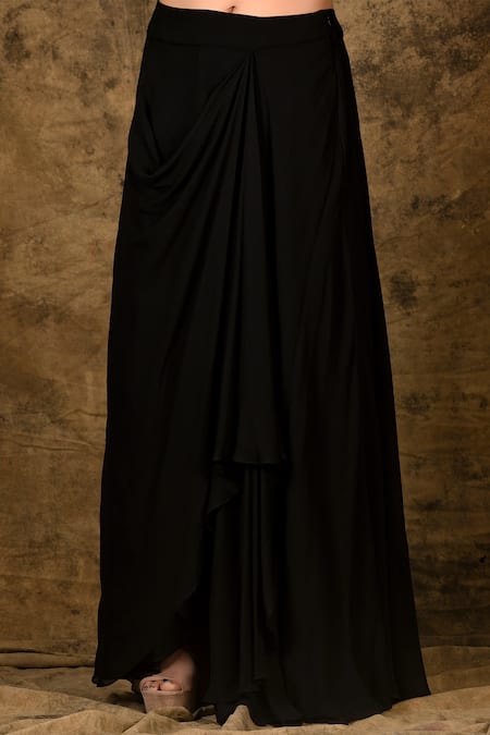 Shop_Ariyana By Aza_Black Modal, Georgette Embroidery Asymmetric Draped Skirt Set _Online_at_Aza_Fashions