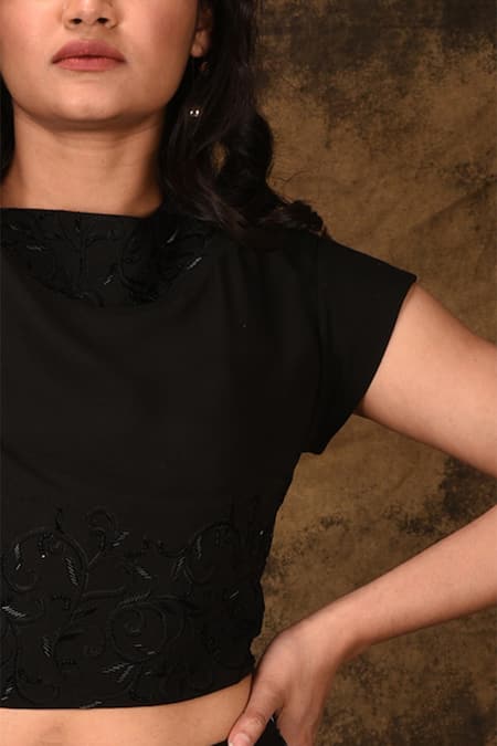 Ariyana By Aza_Black Modal, Georgette Embroidery Asymmetric Draped Skirt Set _at_Aza_Fashions