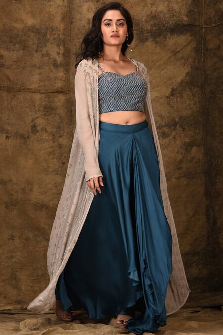 Aariyana Couture_Blue Modal, Satin, Viscose Embroidery, Beads Sweetheart Neck, Draped Skirt Set_Online_at_Aza_Fashions