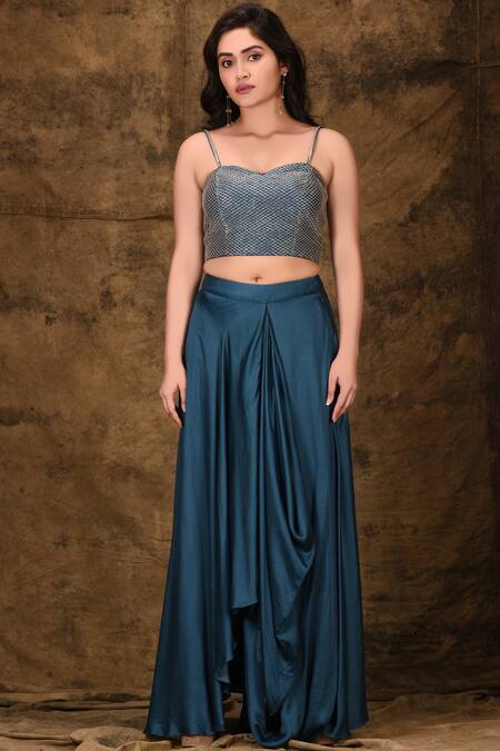 Shop_Aariyana Couture_Blue Modal, Satin, Viscose Embroidery, Beads Sweetheart Neck, Draped Skirt Set_Online_at_Aza_Fashions