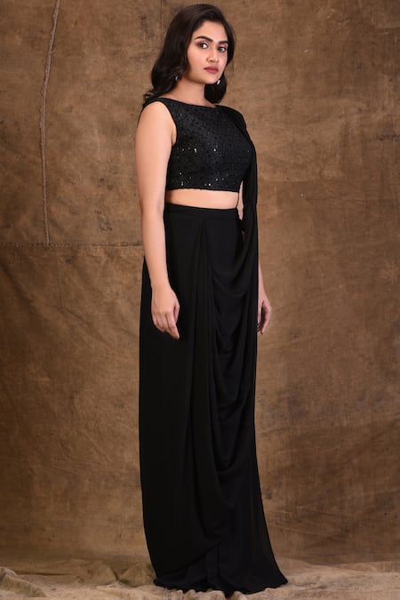 Aariyana Couture_Black Georgette Sequins Boat Neck Embellished Pre-draped Saree With Blouse_Online_at_Aza_Fashions