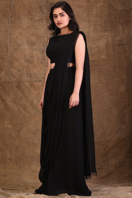 Buy_Aariyana Couture_Black Georgette Sequins Boat Neck Embellished Pre-draped Saree With Blouse_Online_at_Aza_Fashions