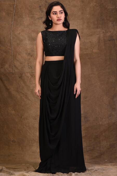 Shop_Aariyana Couture_Black Georgette Sequins Boat Neck Embellished Pre-draped Saree With Blouse_Online_at_Aza_Fashions