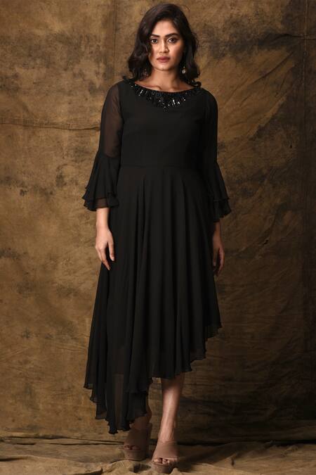 Shop_Aariyana Couture_Black Georgette Sequins Boat Neck Asymmetric Dress_Online_at_Aza_Fashions