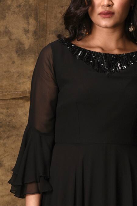Aariyana Couture_Black Georgette Sequins Boat Neck Asymmetric Dress_at_Aza_Fashions