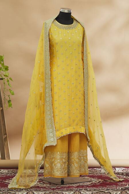 Buy_Gopi Vaid_Yellow Embroidered Kurta Palazzo Set_Online_at_Aza_Fashions
