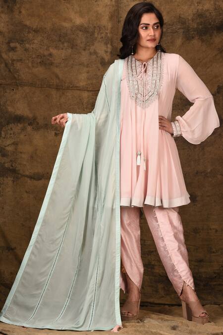 Aariyana Couture_Pink Viscose, Bamboo, Georgette Embroidery, Tassels Round Kurta Dhoti Pant Set_Online_at_Aza_Fashions