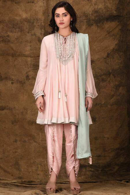 Buy_Aariyana Couture_Pink Viscose, Bamboo, Georgette Embroidery, Tassels Round Kurta Dhoti Pant Set_Online_at_Aza_Fashions
