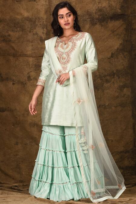 Aariyana Couture_Blue Cotton, Silk, Net Tassels, Lace Split V-neck Embroidered Kurta Sharara Set_Online_at_Aza_Fashions