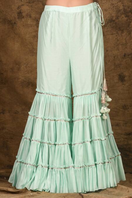 Shop_Aariyana Couture_Blue Cotton, Silk, Net Tassels, Lace Split V-neck Embroidered Kurta Sharara Set_Online_at_Aza_Fashions