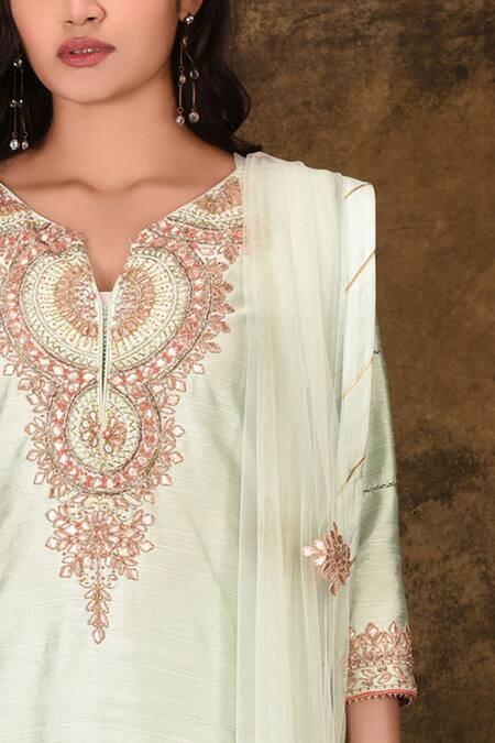 Aariyana Couture_Blue Cotton, Silk, Net Tassels, Lace Split V-neck Embroidered Kurta Sharara Set_at_Aza_Fashions