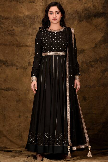 Shop_Aariyana Couture_Black Modal, Satin, Muslin, Net Sequins, Lace, Tassels Embroidered Anarkali Set_Online_at_Aza_Fashions