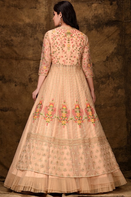 Shop_Ariyana By Aza_Gold Organza, Brocade, Net Embroidery, Sequins Round Neck Kurta Lehenga Set _at_Aza_Fashions