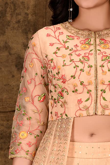Ariyana By Aza_Gold Organza, Brocade, Net Embroidery, Sequins Round Neck Kurta Lehenga Set _at_Aza_Fashions