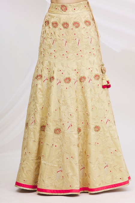 Shop_Ariyana by Aza_Gold Bamboo, Net Embroidery, Sequins V-neck Embellished Lehenga Set _Online_at_Aza_Fashions