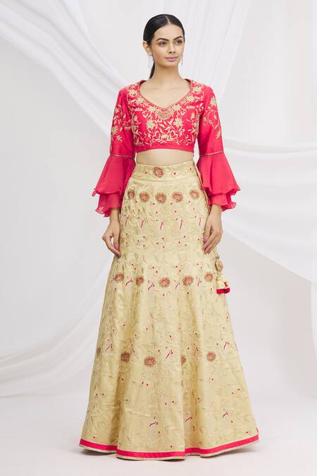 Ariyana by Aza_Gold Bamboo, Net Embroidery, Sequins V-neck Embellished Lehenga Set _Online_at_Aza_Fashions