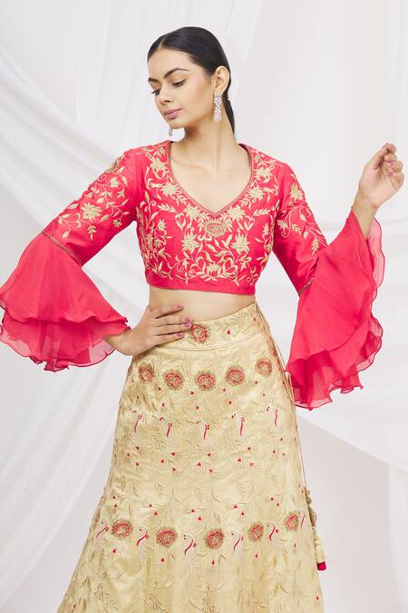 Ariyana by Aza_Gold Bamboo, Net Embroidery, Sequins V-neck Embellished Lehenga Set _at_Aza_Fashions
