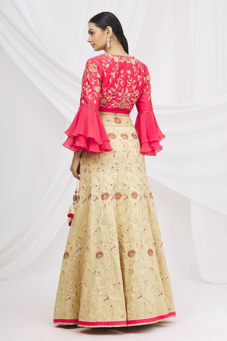 Shop_Ariyana by Aza_Gold Bamboo, Net Embroidery, Sequins V-neck Embellished Lehenga Set _at_Aza_Fashions