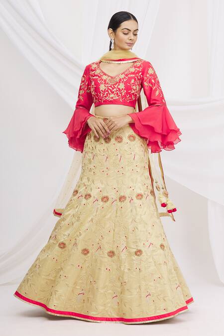 Buy_Ariyana by Aza_Gold Bamboo, Net Embroidery, Sequins V-neck Embellished Lehenga Set _Online_at_Aza_Fashions