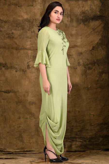 Aariyana Couture_Green Viscose, Georgette Embroidery Round Neck Draped Asymmetric Tunic_Online_at_Aza_Fashions