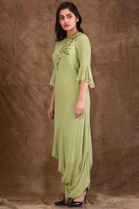 Buy_Aariyana Couture_Green Viscose, Georgette Embroidery Round Neck Draped Asymmetric Tunic_Online_at_Aza_Fashions