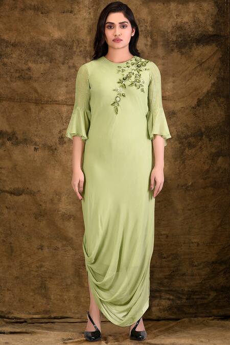 Shop_Aariyana Couture_Green Viscose, Georgette Embroidery Round Neck Draped Asymmetric Tunic_Online_at_Aza_Fashions