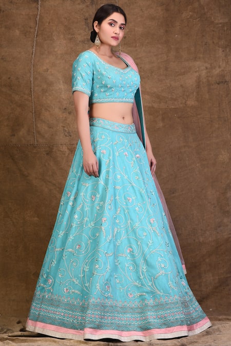 Ariyana By Aza_Blue Denim, Net Embroidery, Tassels Asymmetric Bridal Lehenga Set _Online_at_Aza_Fashions