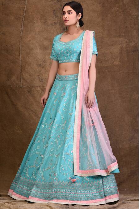 Buy_Ariyana By Aza_Blue Denim, Net Embroidery, Tassels Asymmetric Bridal Lehenga Set _Online_at_Aza_Fashions
