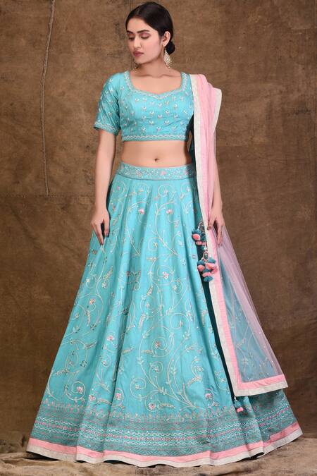 Shop_Ariyana By Aza_Blue Denim, Net Embroidery, Tassels Asymmetric Bridal Lehenga Set _Online_at_Aza_Fashions