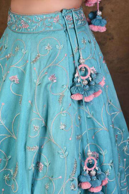 Ariyana By Aza_Blue Denim, Net Embroidery, Tassels Asymmetric Bridal Lehenga Set _at_Aza_Fashions