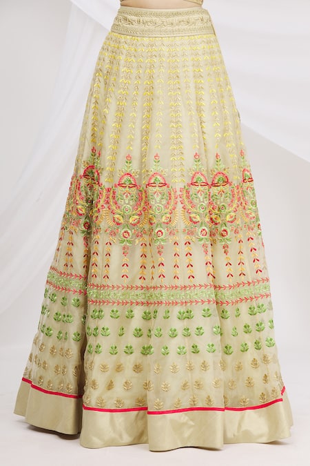Shop_Ariyana By Aza_Gold Bamboo, Organza, Net Sequins Square Neck Embellished Bridal Lehenga Set _Online_at_Aza_Fashions